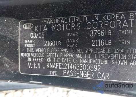 2006 Kia Spectra Ex/Lx/Sx from USA, damaged, VIN KNAFE121465300592